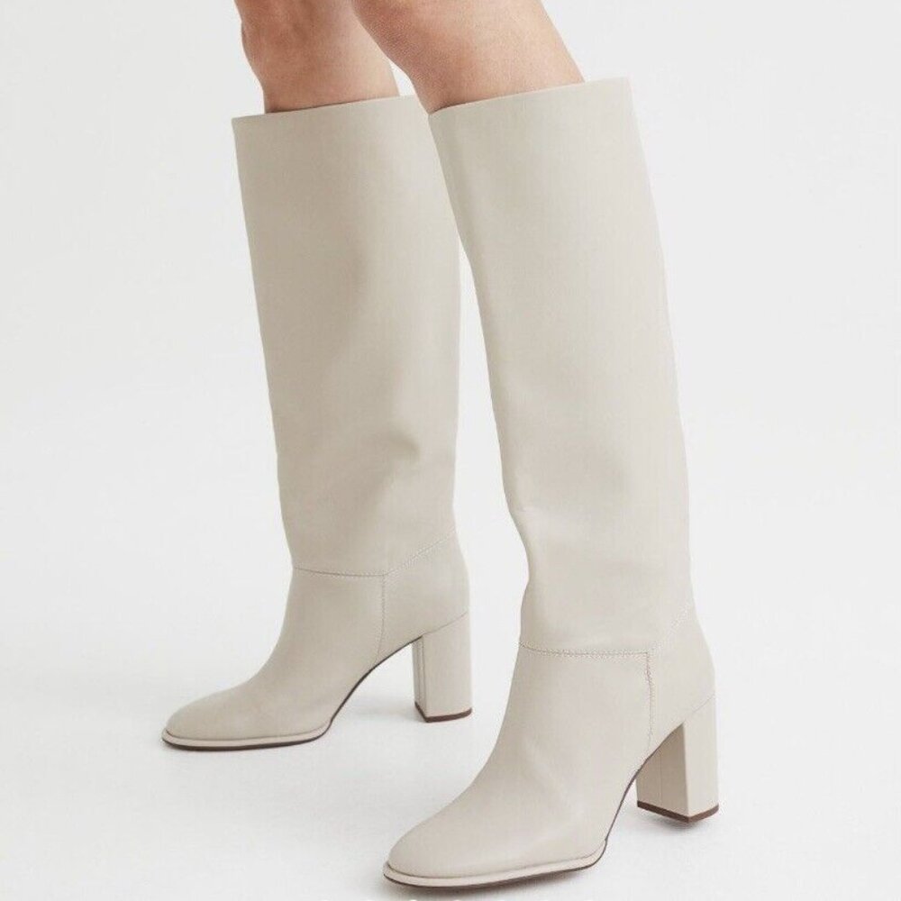 Cream knee high heel boots with rounded toe and wide calf - Picture 2 of 9